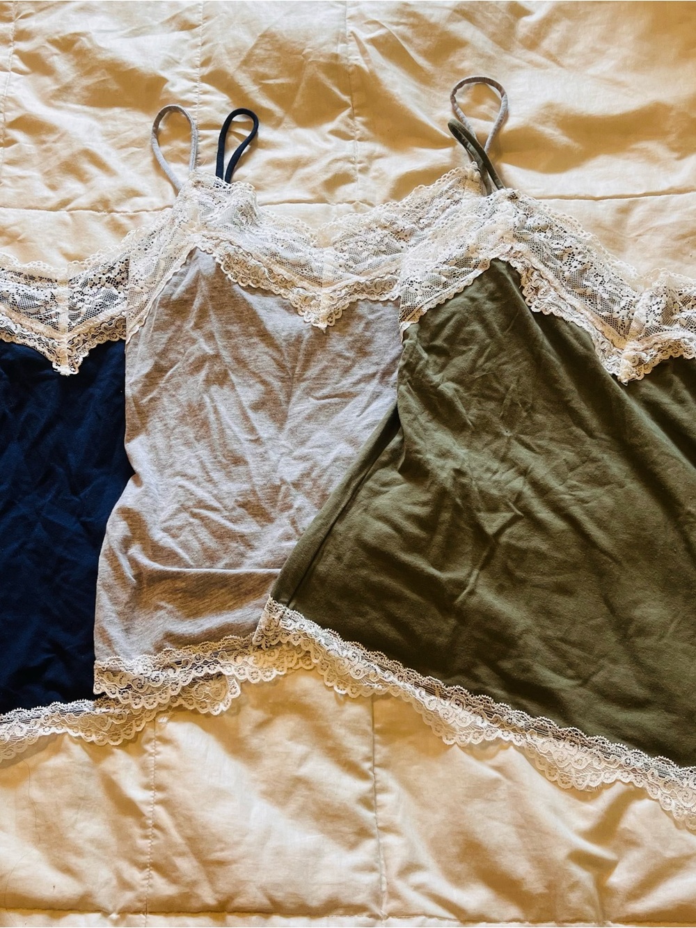 Bundle Three-Pack Lace Trim Camisoles in Olive, Gray & Navy